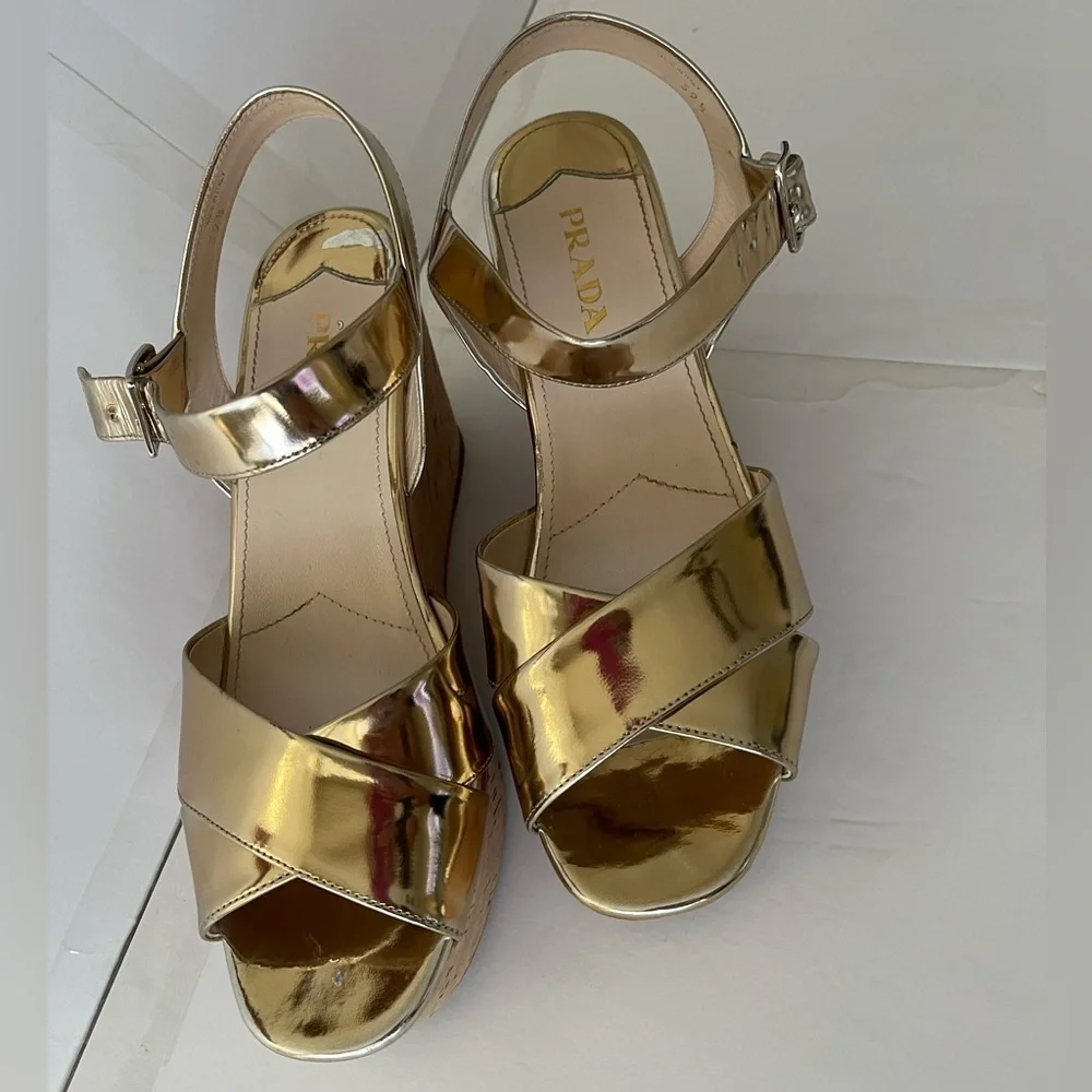 Prada Gold Metallic Cork Wedge Sandals